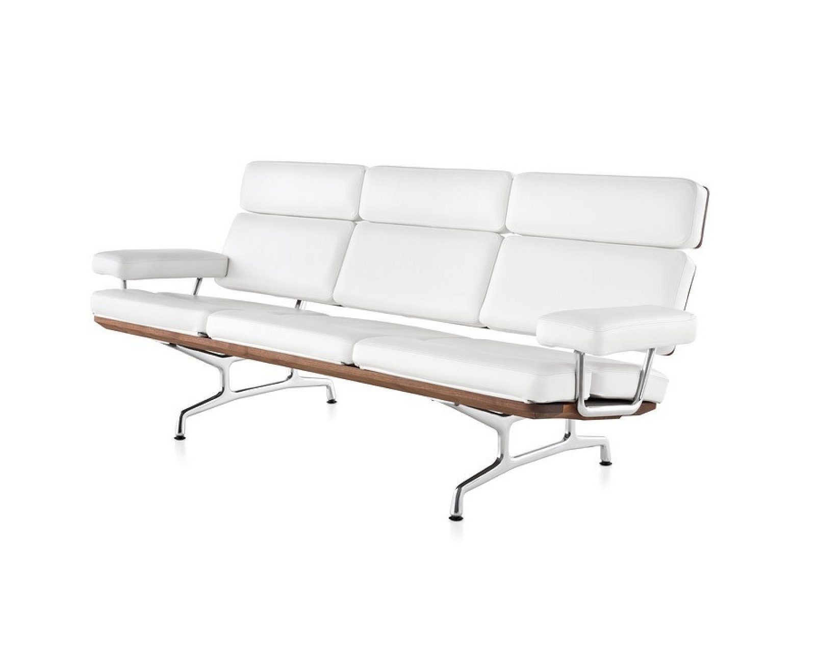 White modern three-seat bench with chrome legs and wooden accents on a white background