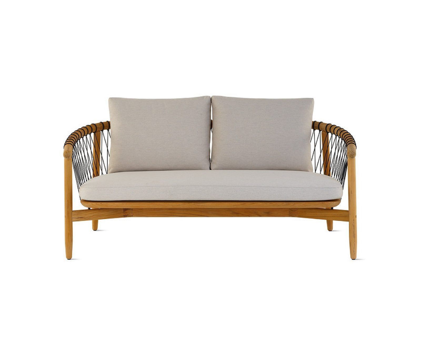 Modern woven outdoor bench with beige cushions and light wood frame
