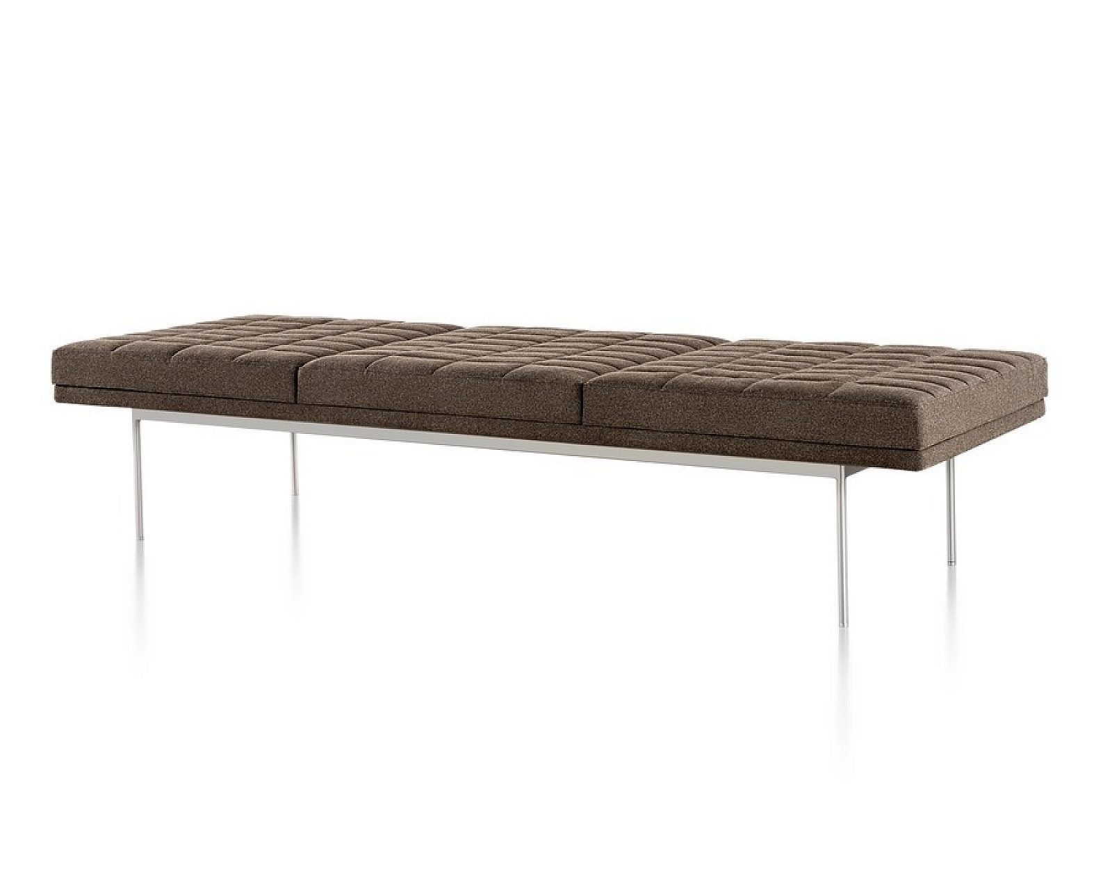 Brown cushioned bench with thin metal legs on a white background