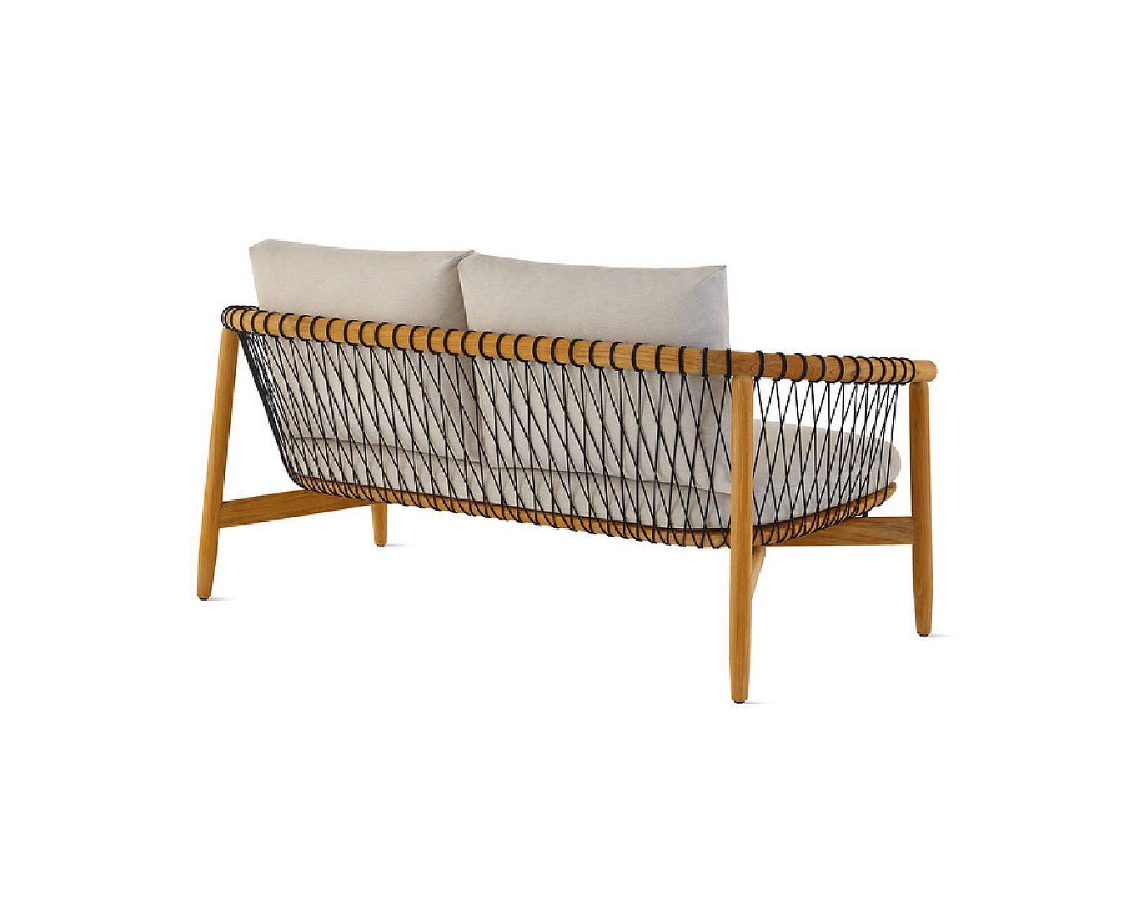 Modern woven outdoor bench with beige cushions and light wood frame