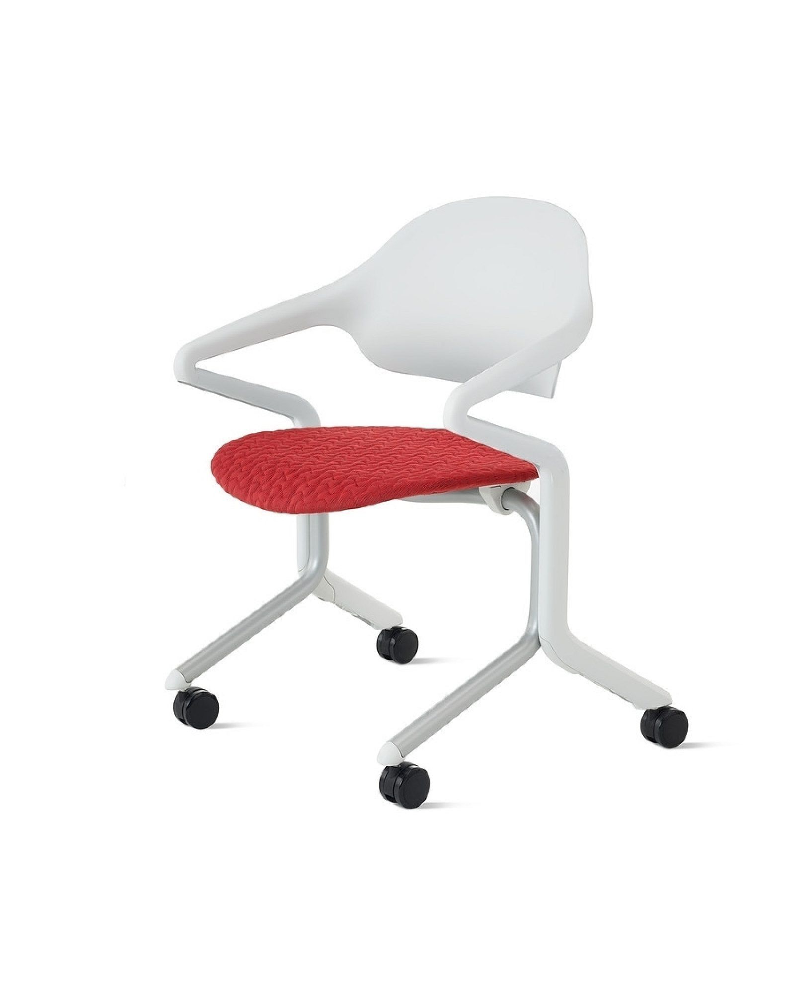 White ergonomic chair with a red seat and black caster wheels on a white background