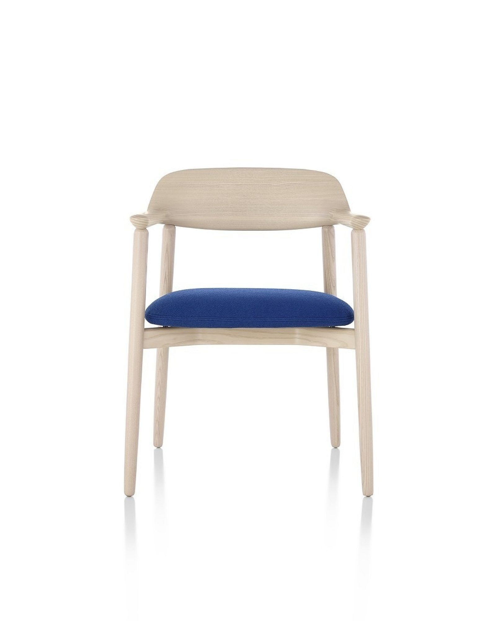 Brown wooden chair with a black seat cushion on a white background