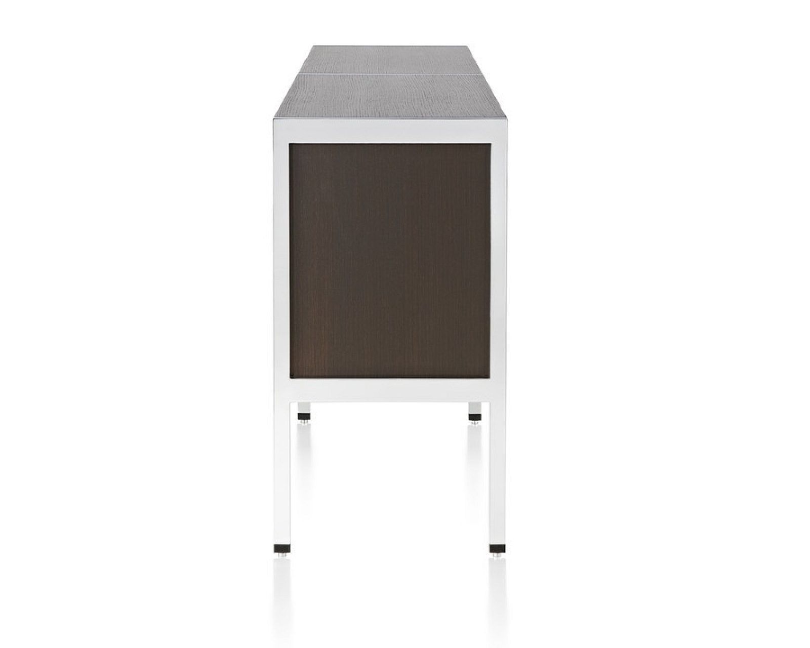 Modern dark brown modular cabinet with drawers and chrome legs on a white background