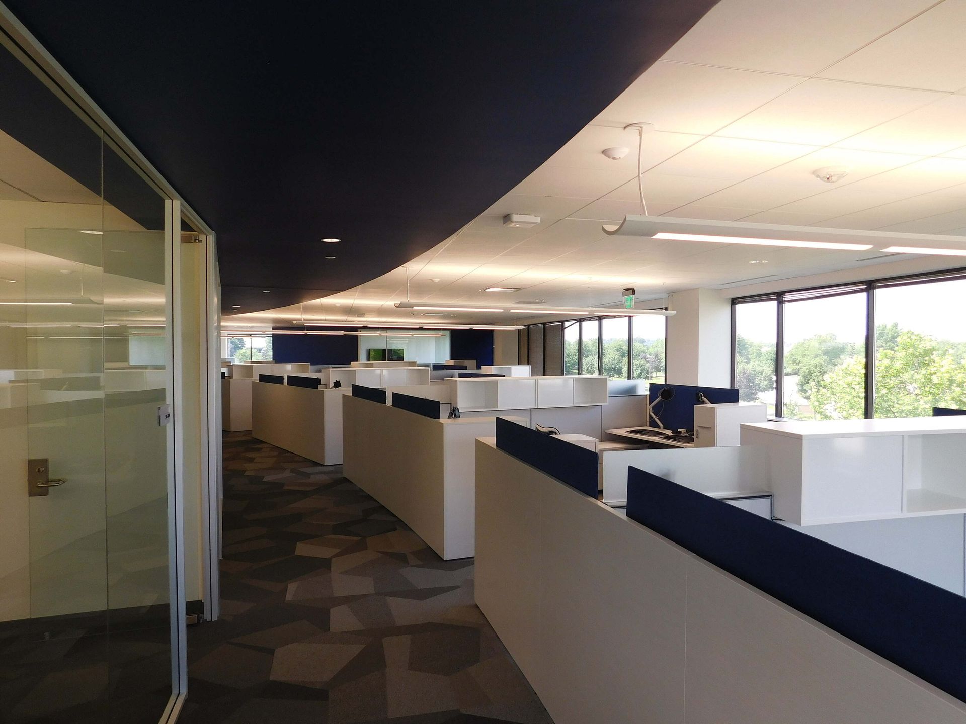 Empty modern office cubicles with white desks, blue dividers, and large windows overlooking trees.