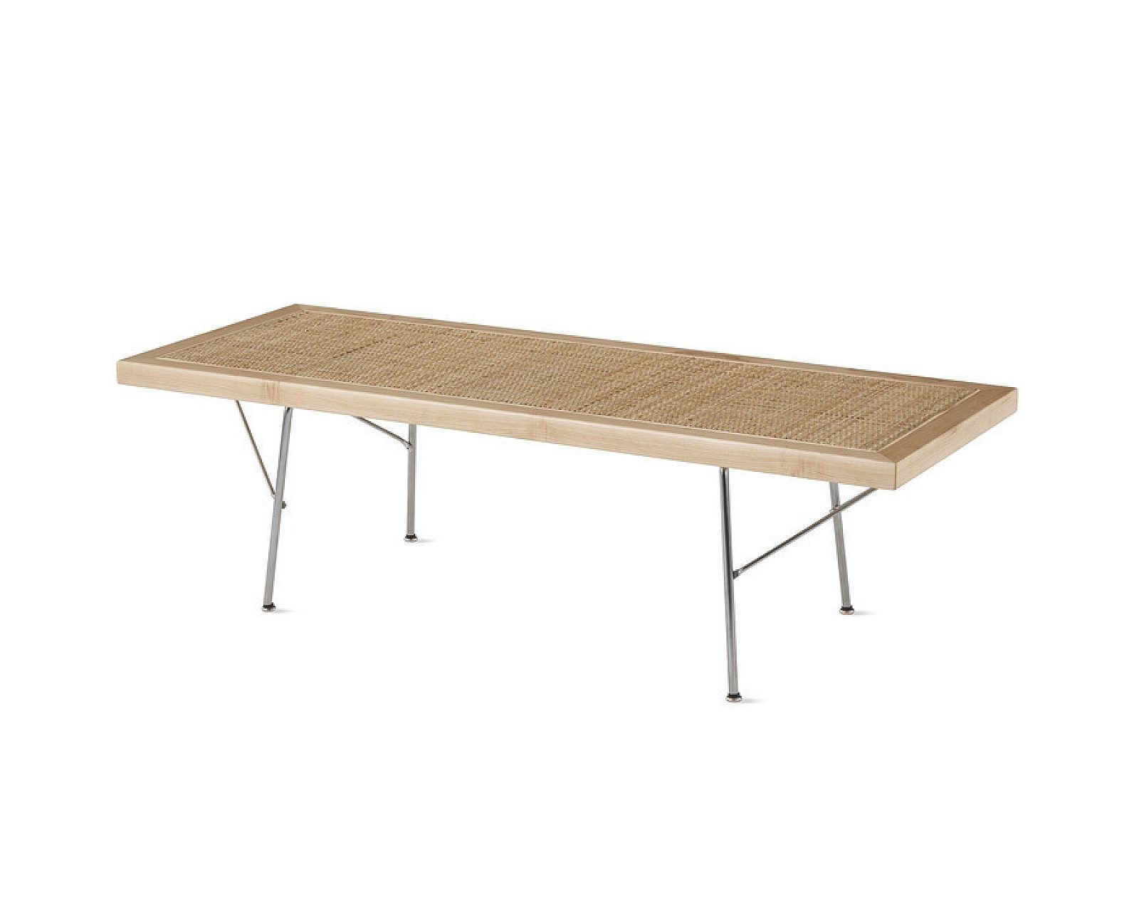 Rectangular woven tabletop on folding metal legs, shown against a white background