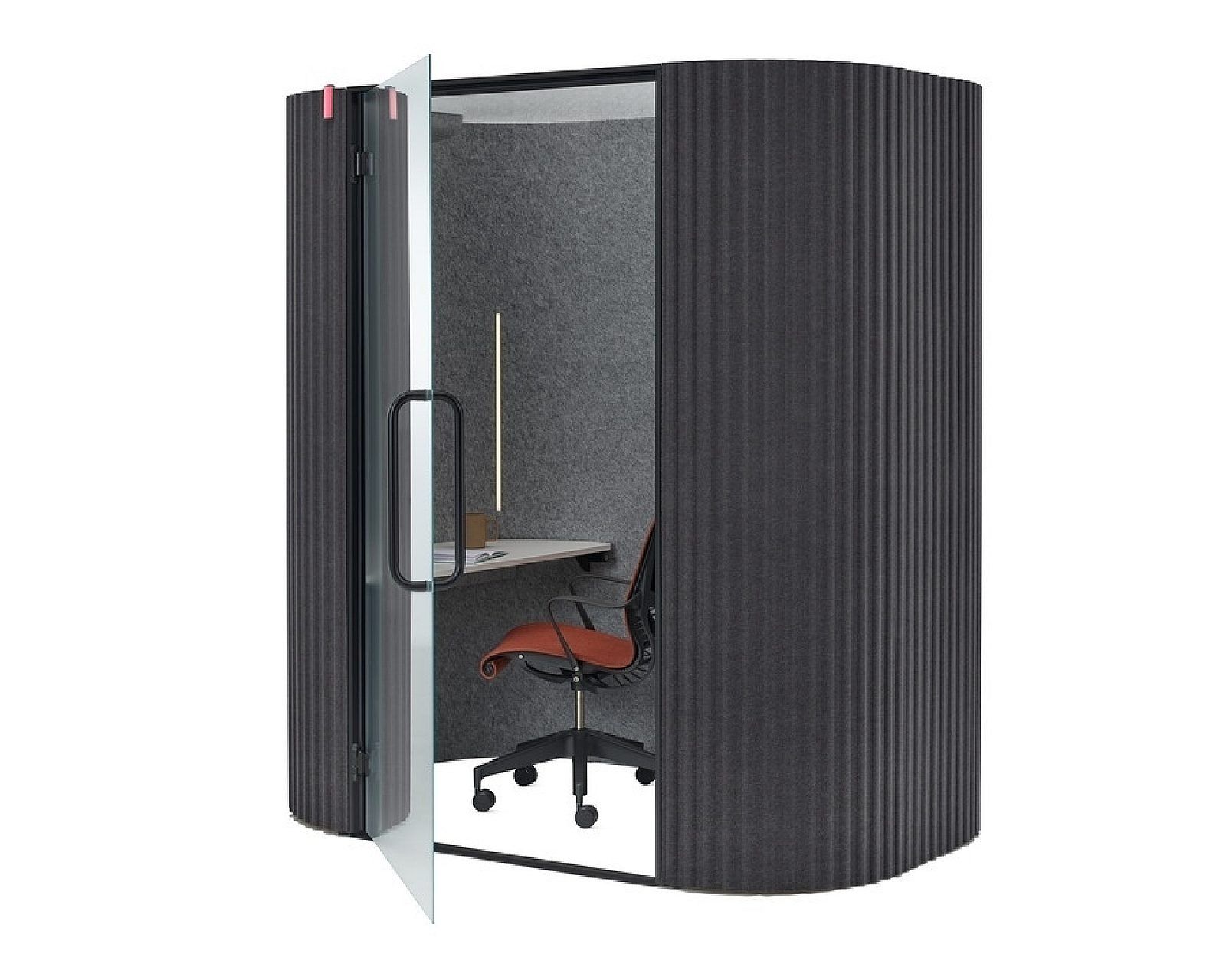 Blue and black soundproof booth with glass door and built-in desk inside
