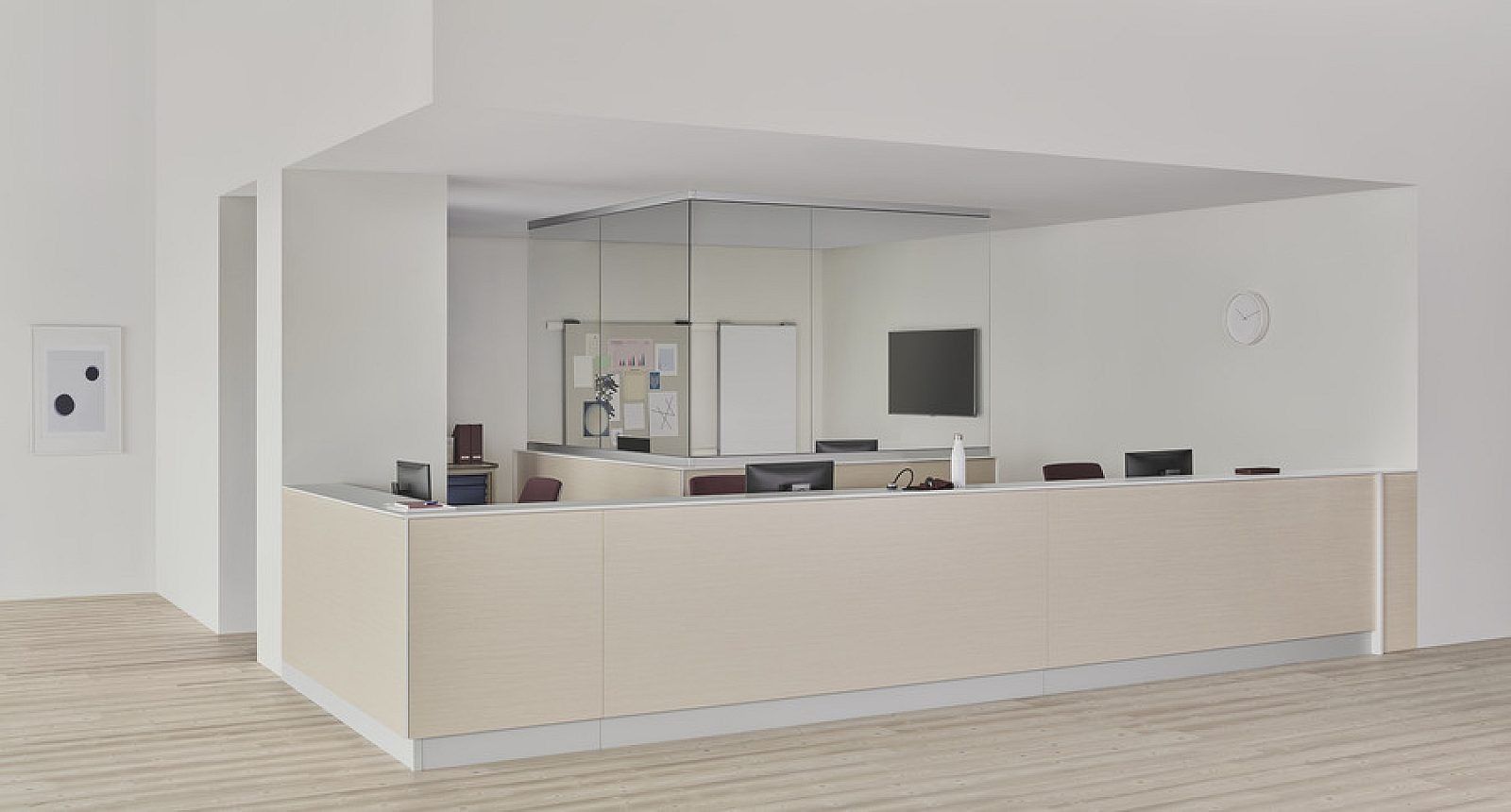 Modern office cubicles with two desks, computer monitors, and white swivel chairs