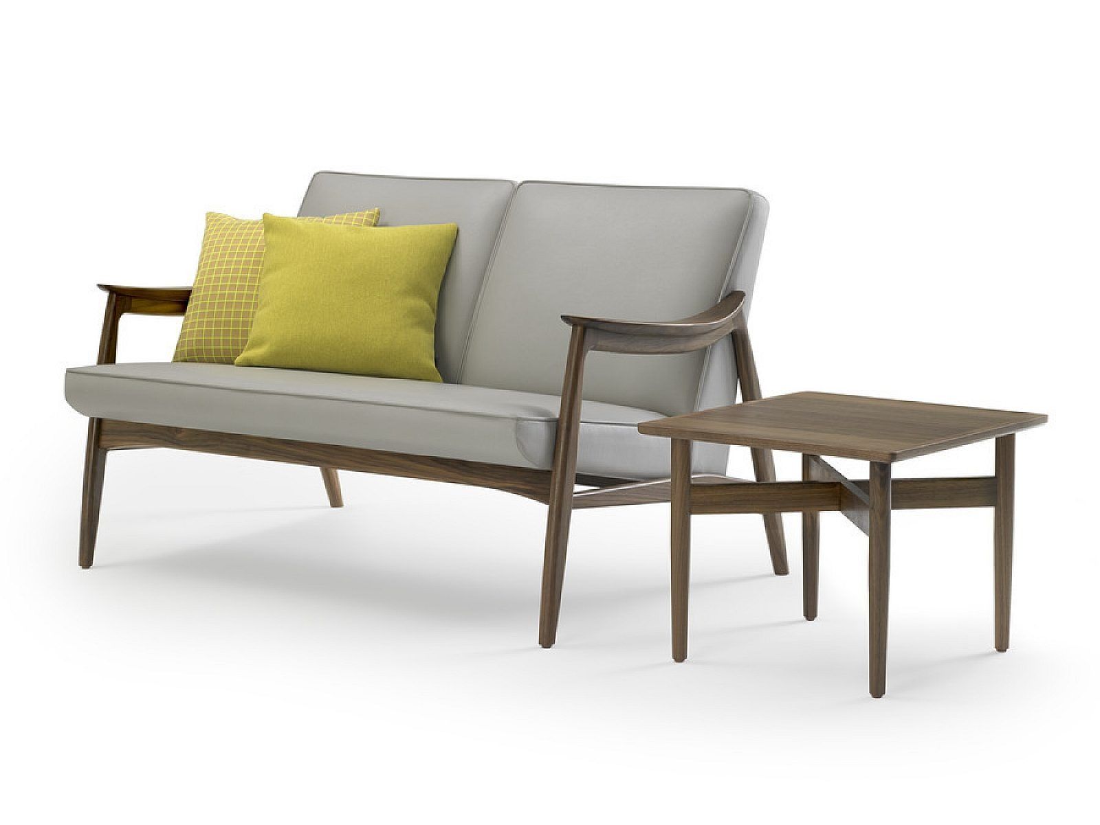 Outdoor patio seating with gray sofa, wooden coffee table, and red cushions