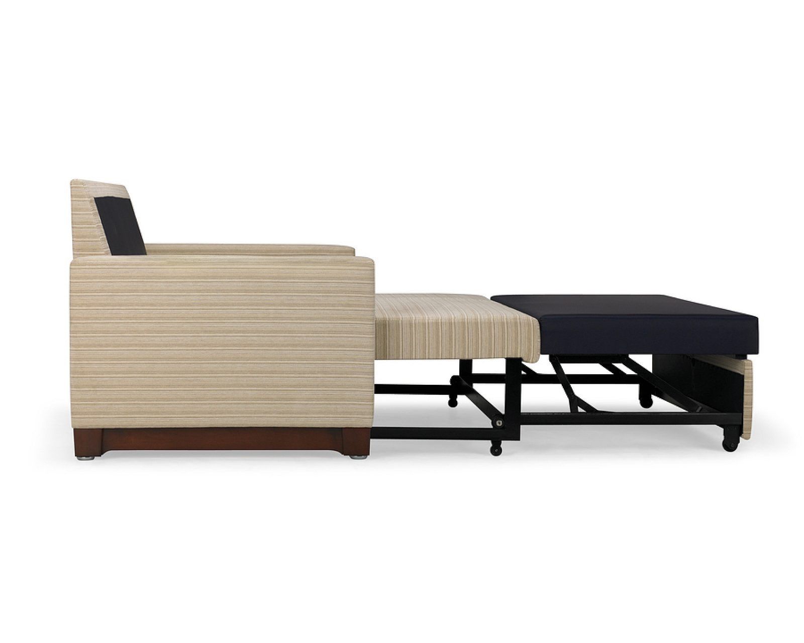 Beige upholstered armchair in side view with dark wooden base