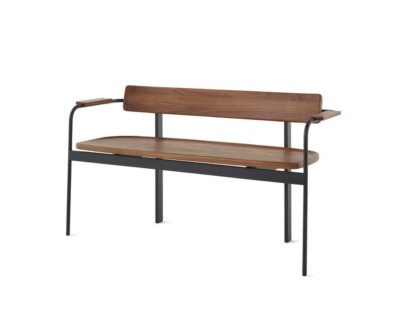 Wooden-and-black metal bench with backrest on a white background