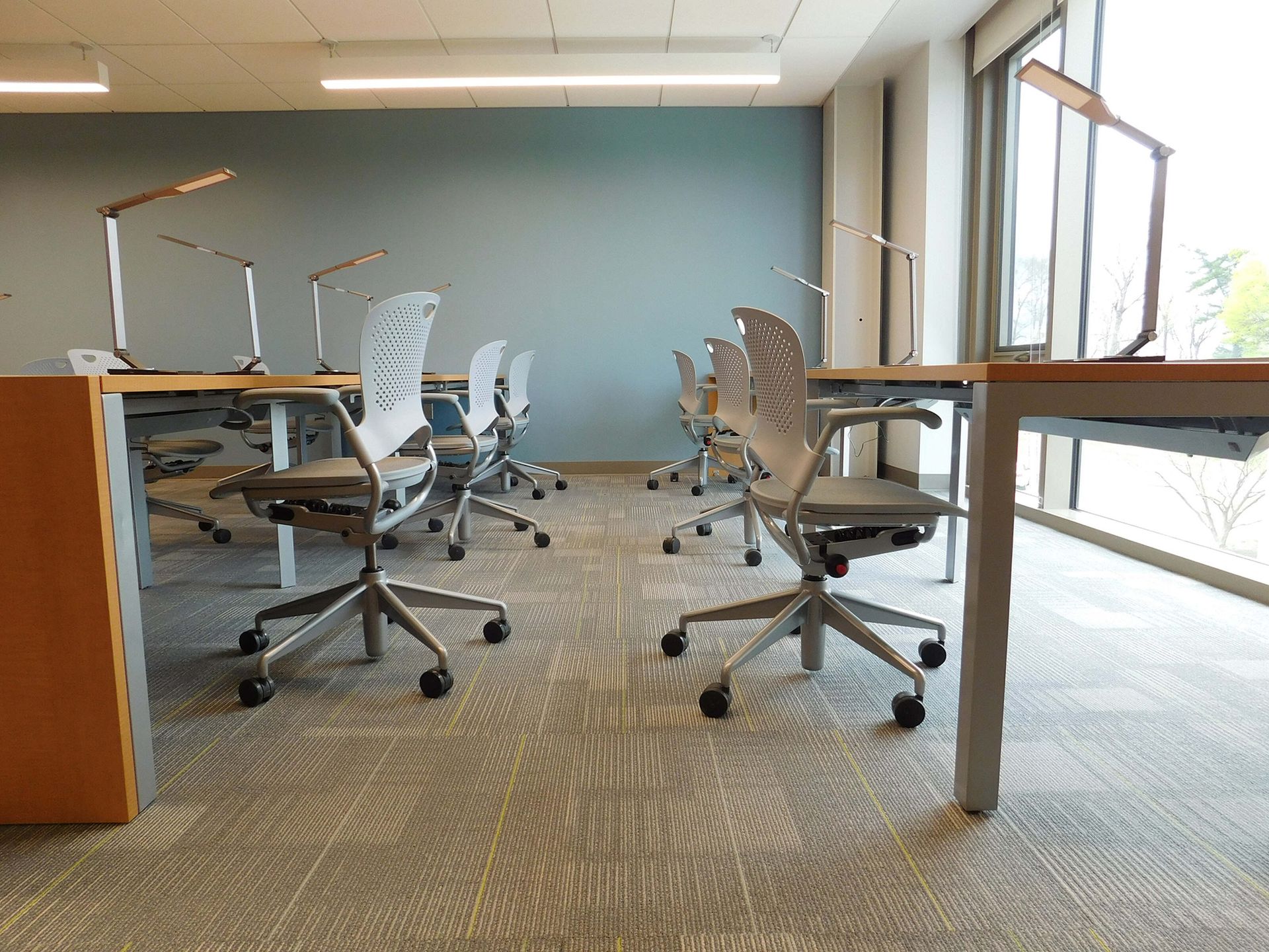 Empty modern office with rolling chairs, desks, and large windows along a carpeted workspace.