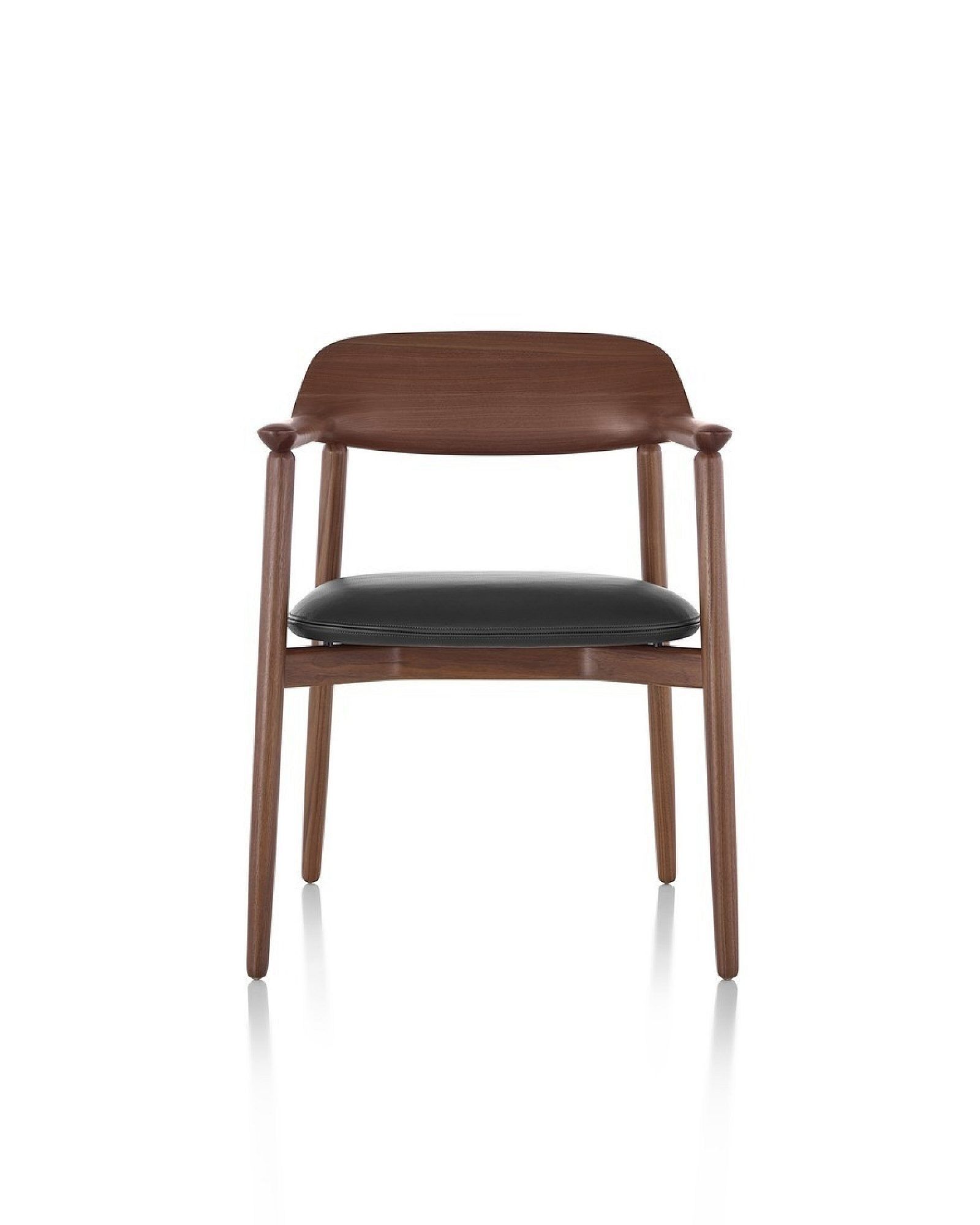 Brown wooden chair with a black seat cushion on a white background