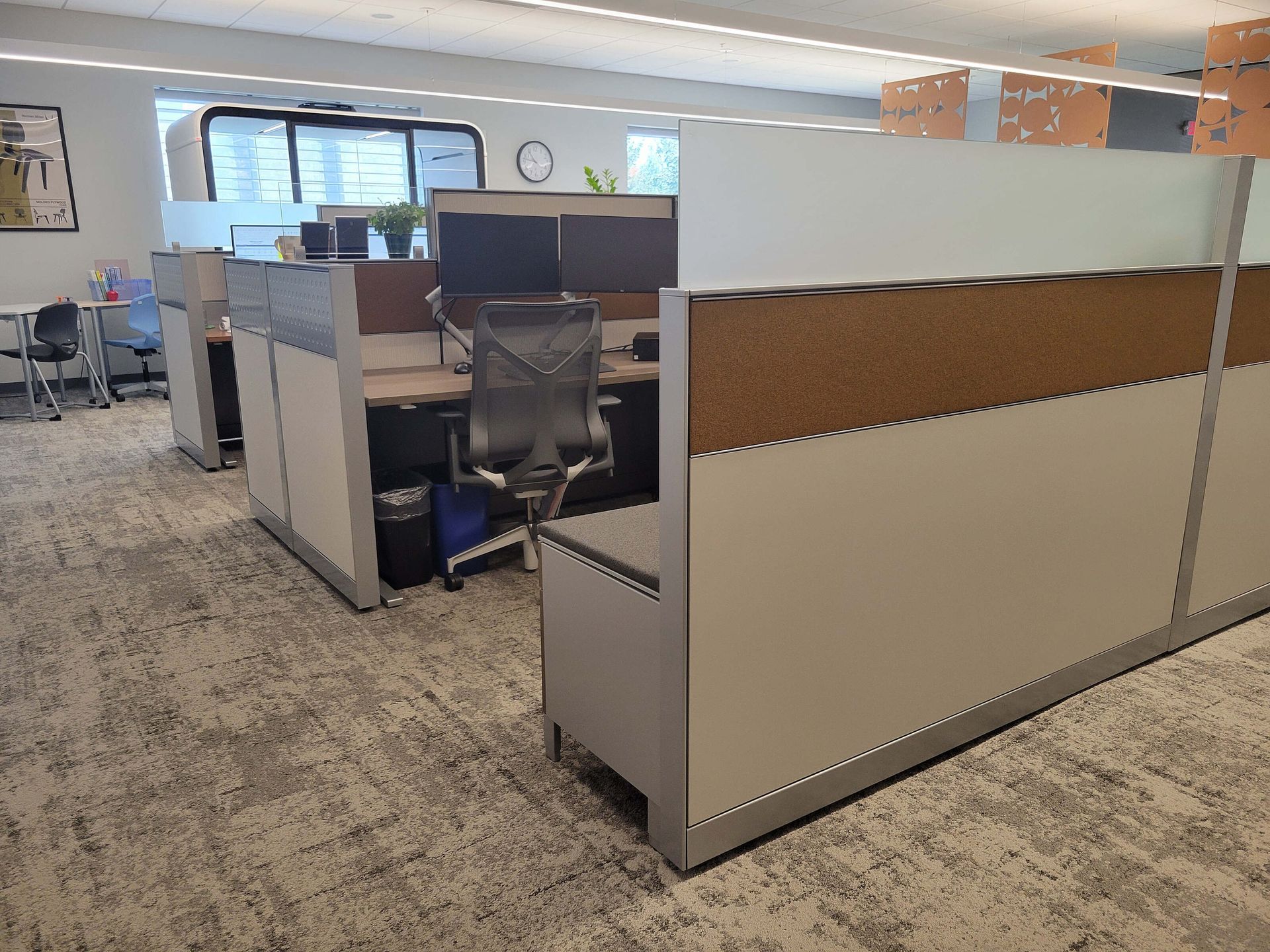 Office cubicles in an open workspace with a patterned carpet and large windows.
