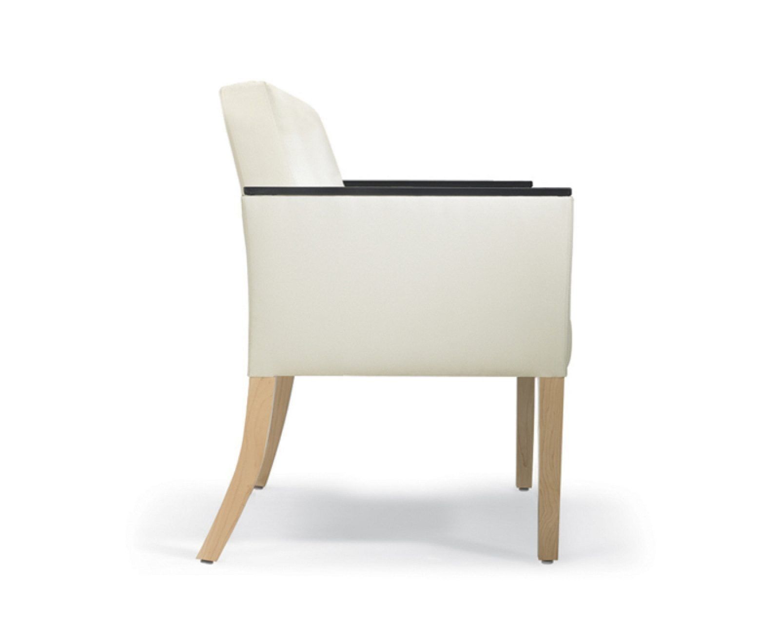 Modern cream upholstered chair with light wooden legs, shown in side view.
