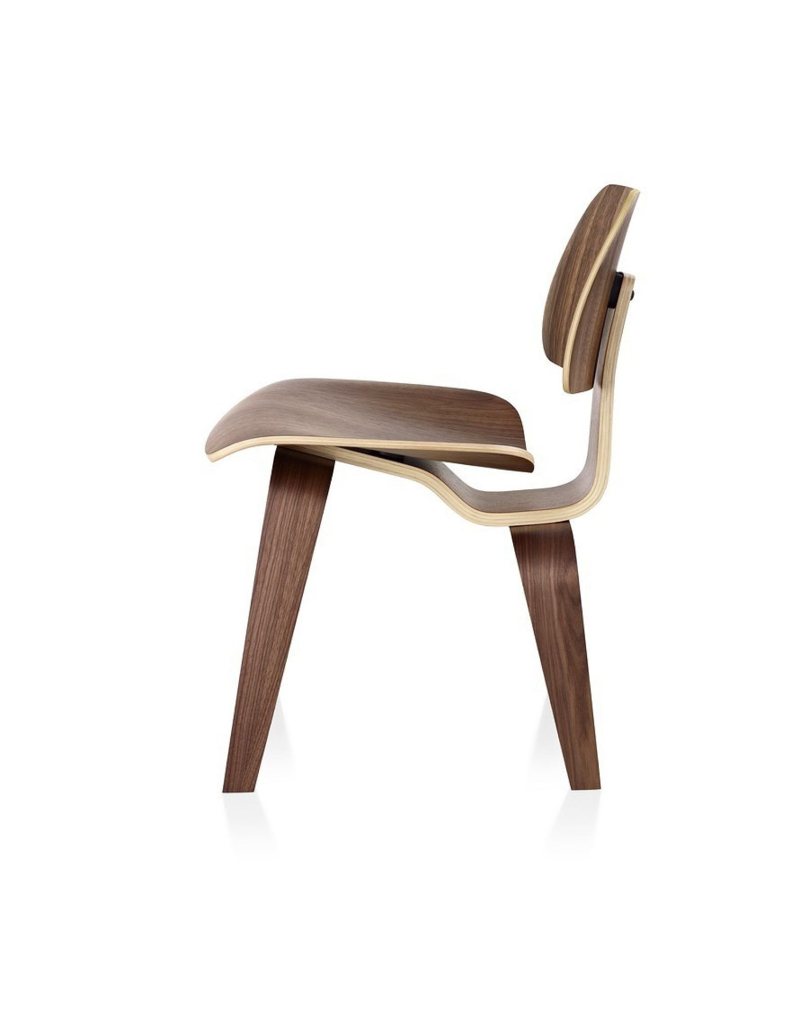 Modern wooden chair with curved seat and backrest on a white background