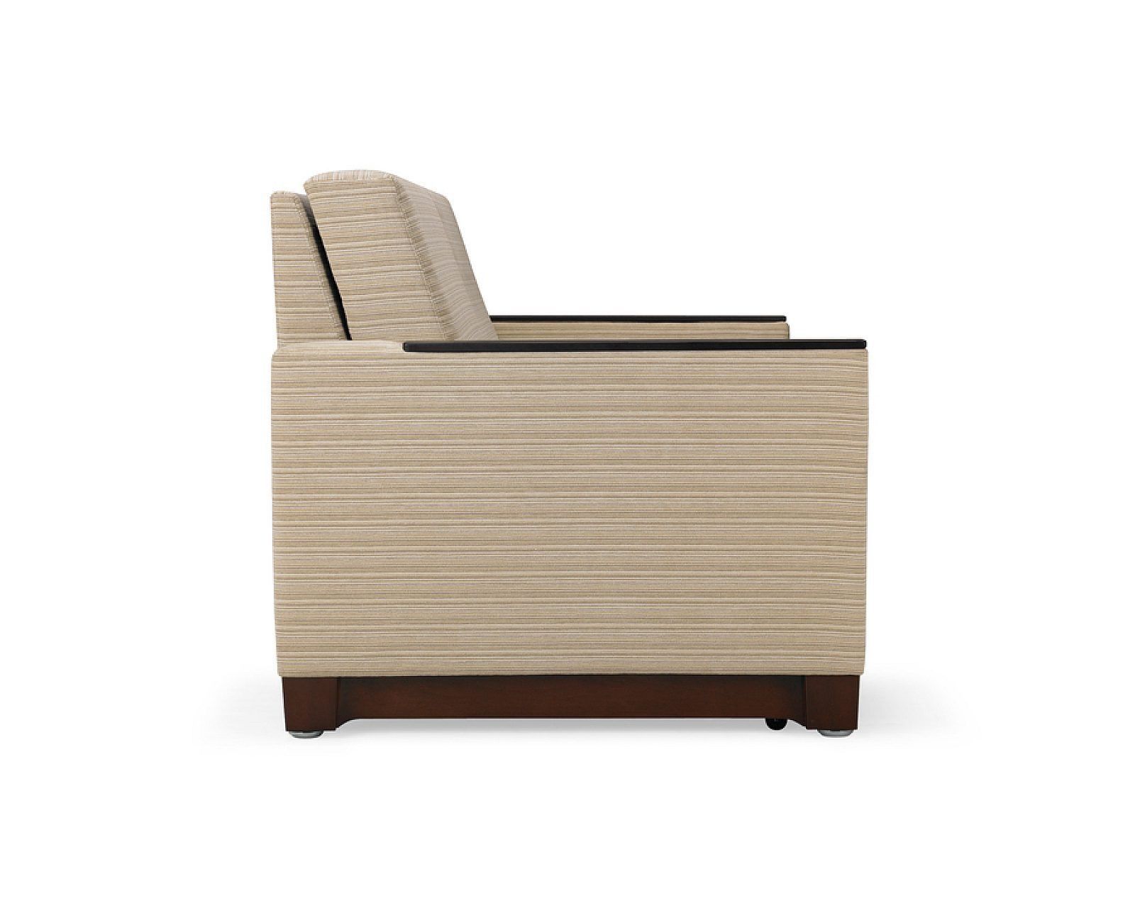 Beige upholstered armchair in side view with dark wooden base