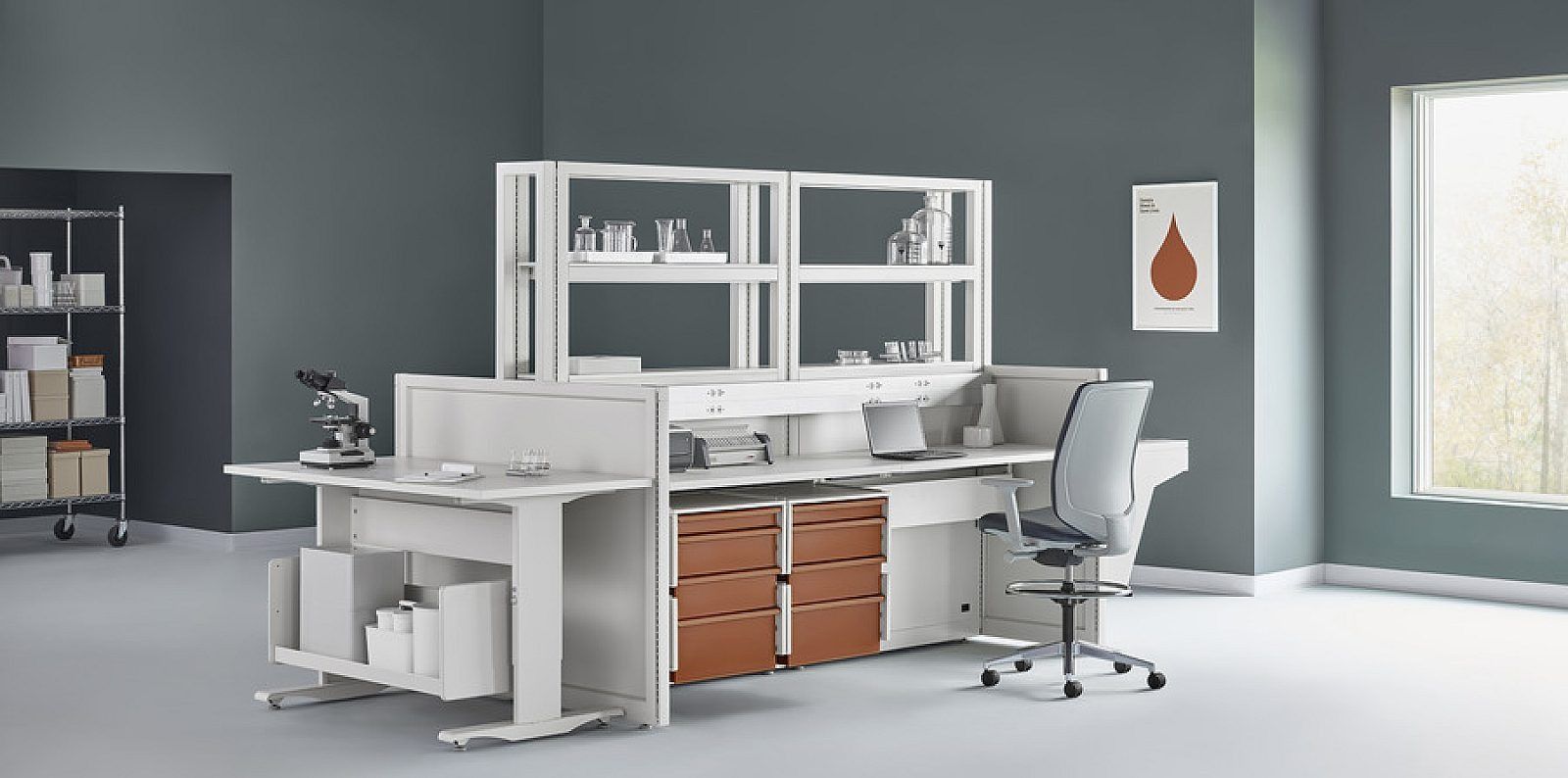 Modern office with white desks, shelves, and a gray chair beside a bright window