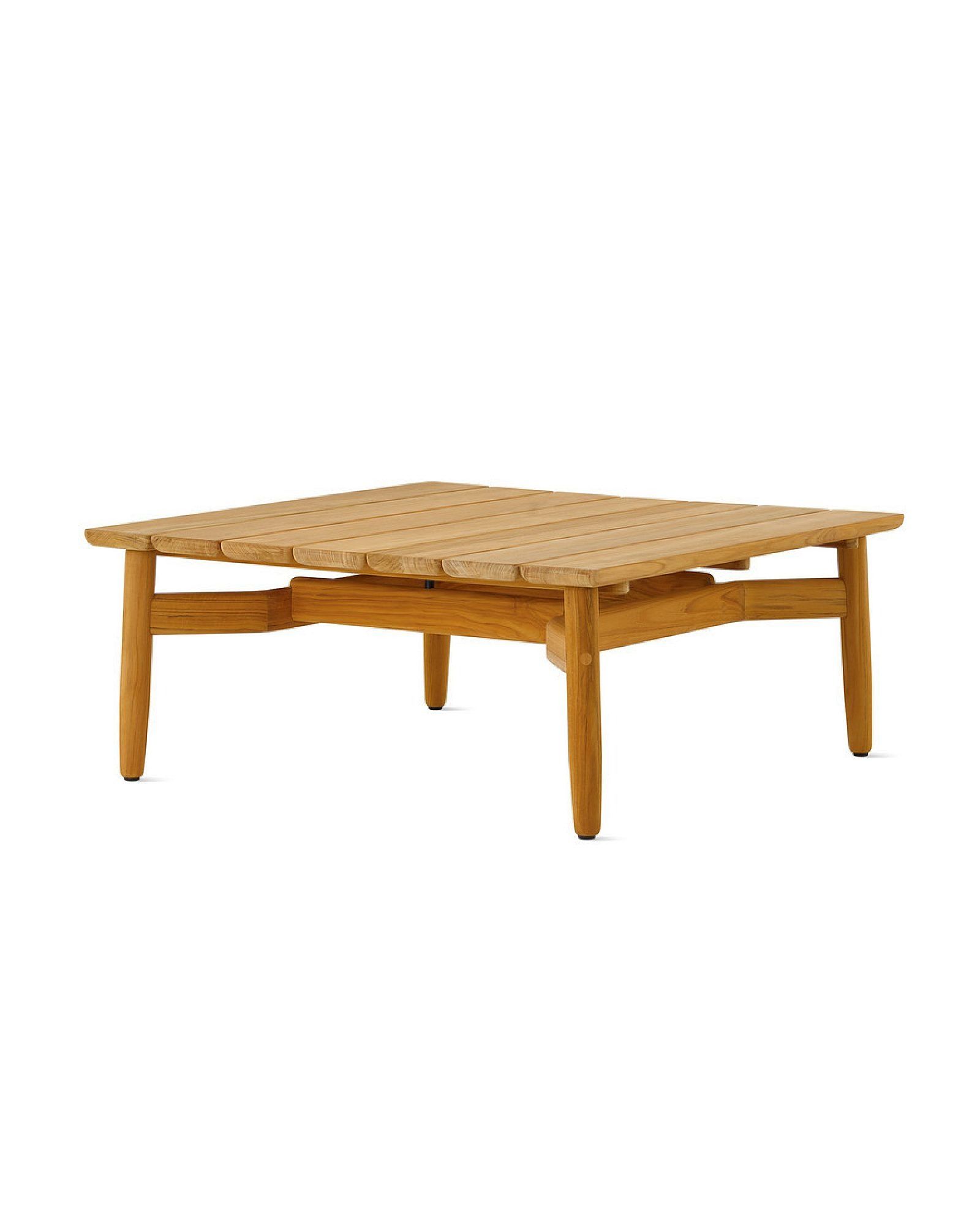 Low wooden woven-top coffee table on a white background