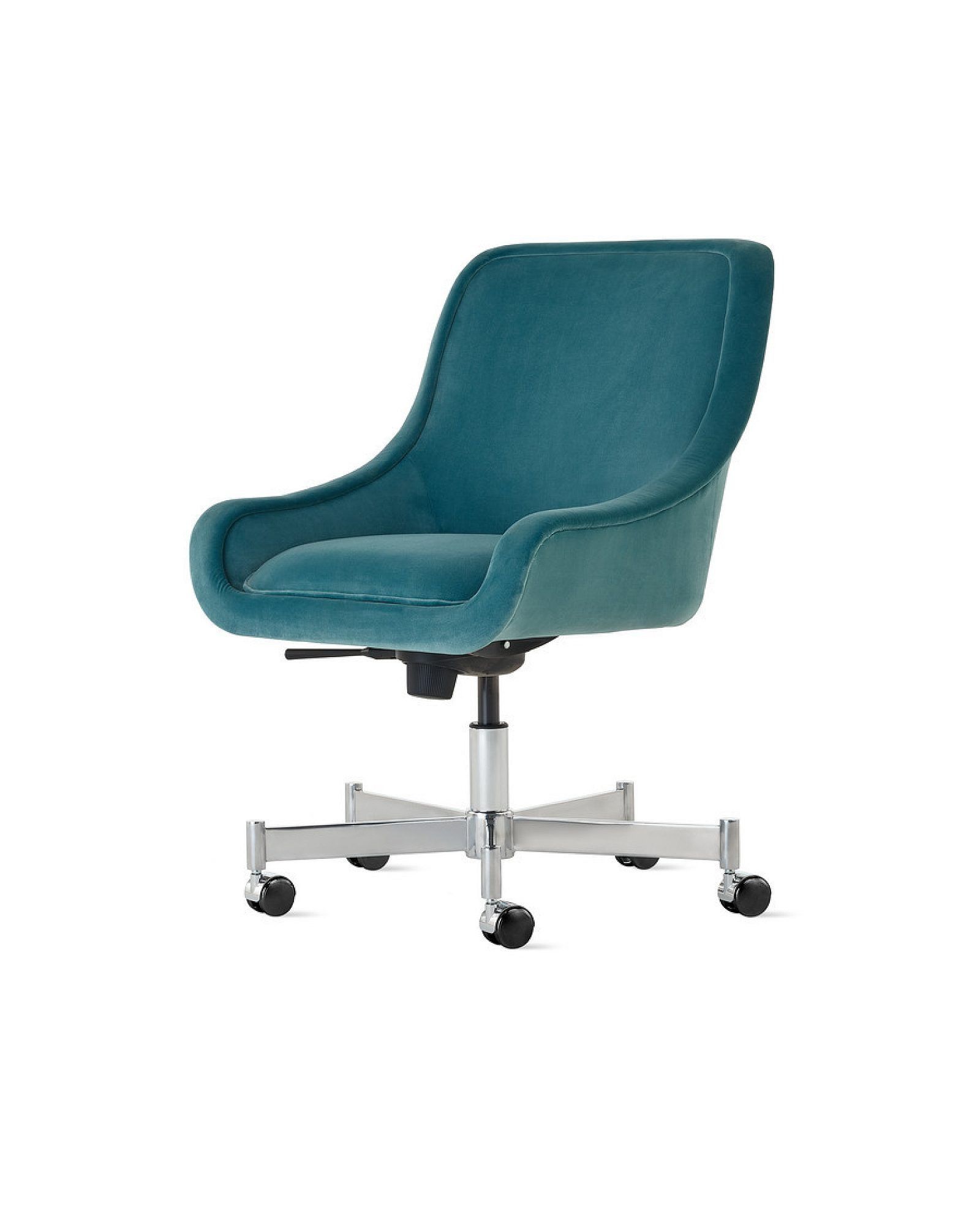 Black office chair with a silver swivel base and caster wheels, shown in side view on a white background