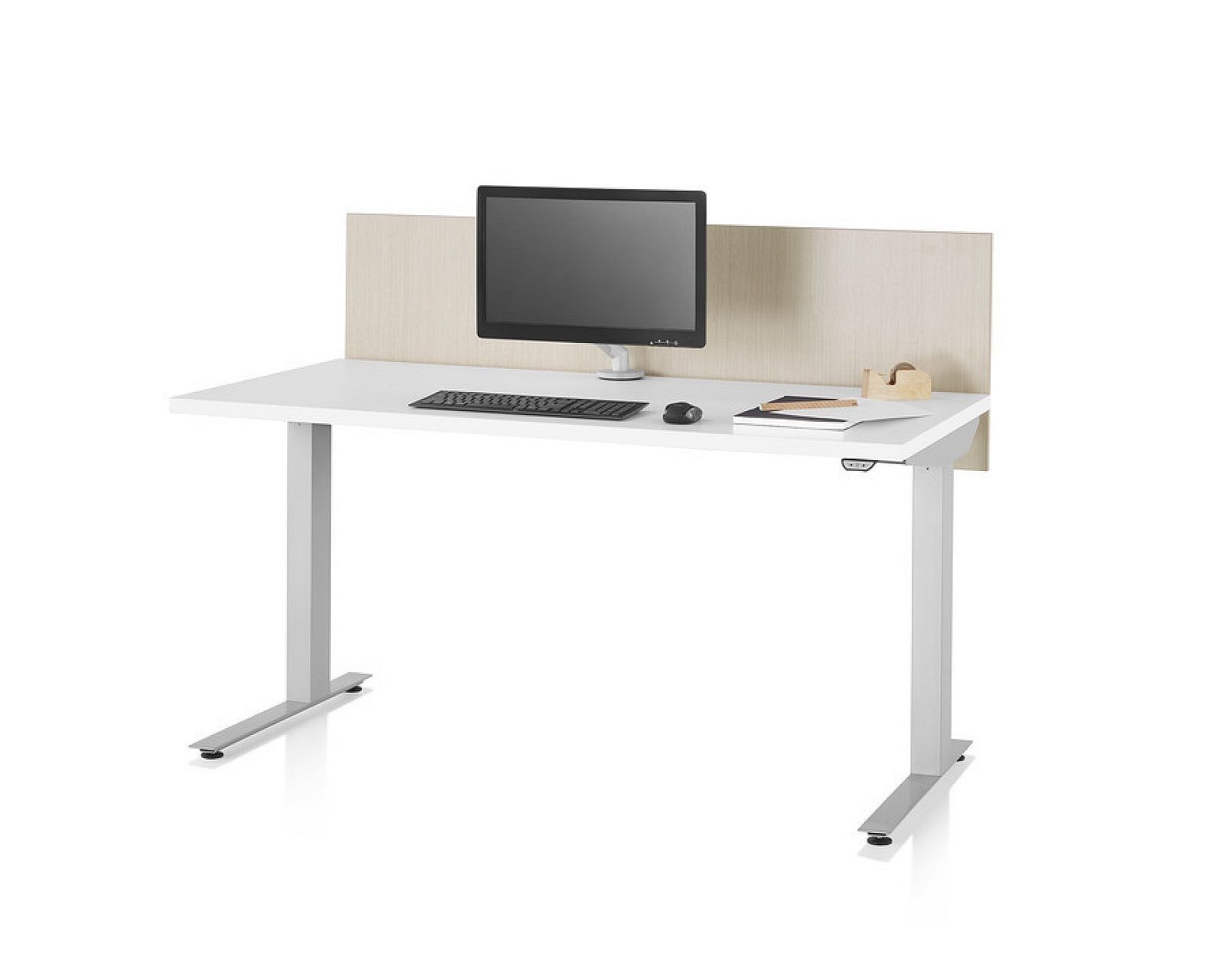 White standing desk with rectangular top and chrome T-shaped footrest base