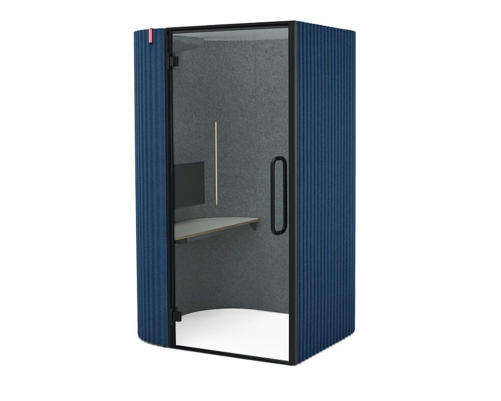 Blue and black soundproof booth with glass door and built-in desk inside