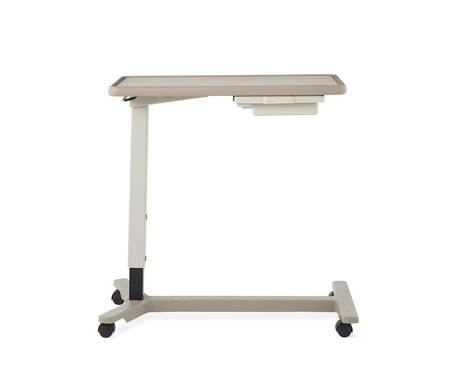 Beige wheeled medical overbed table with height-adjustable top and base on casters