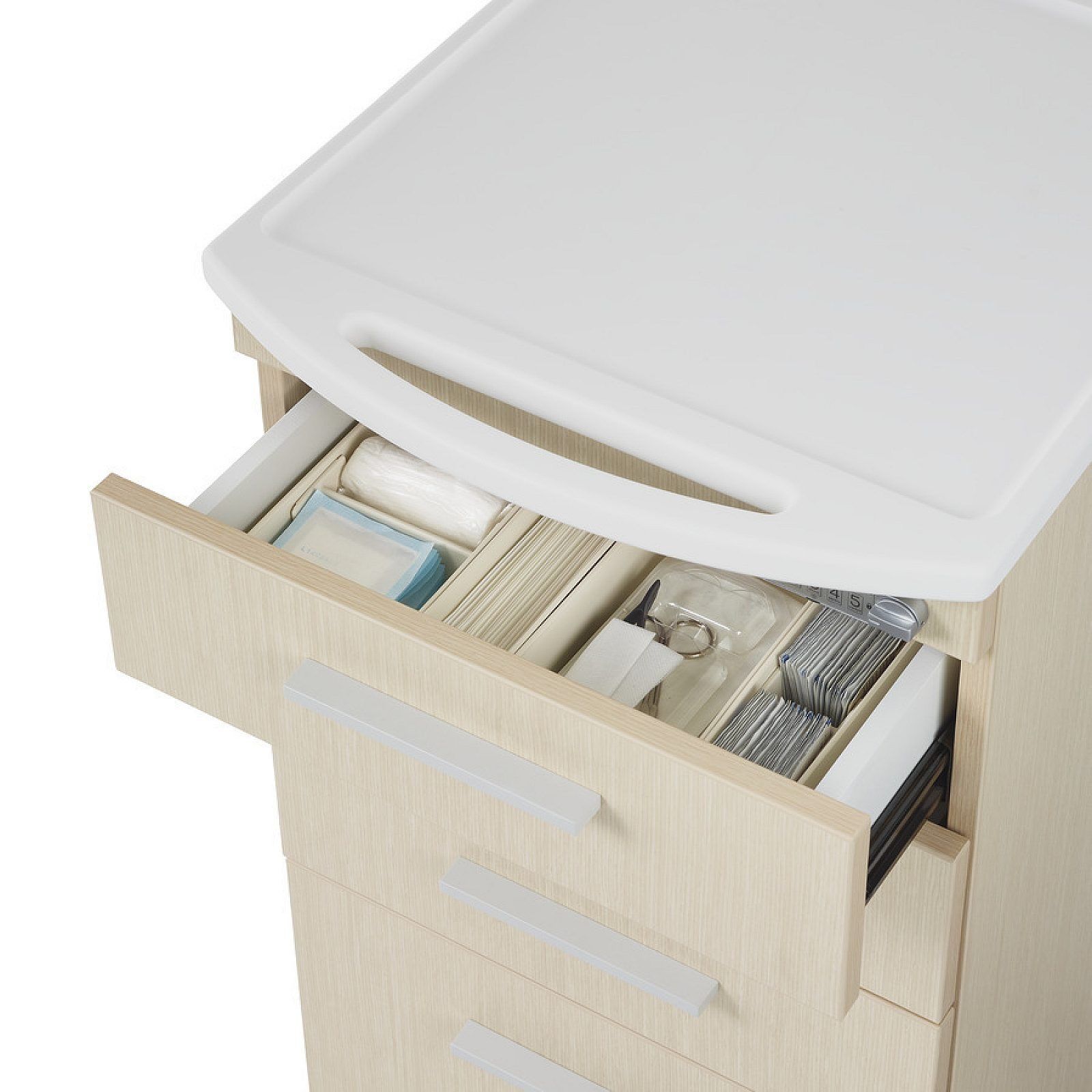 Three beige rolling file cabinets on a white background, one with drawers, two with handles
