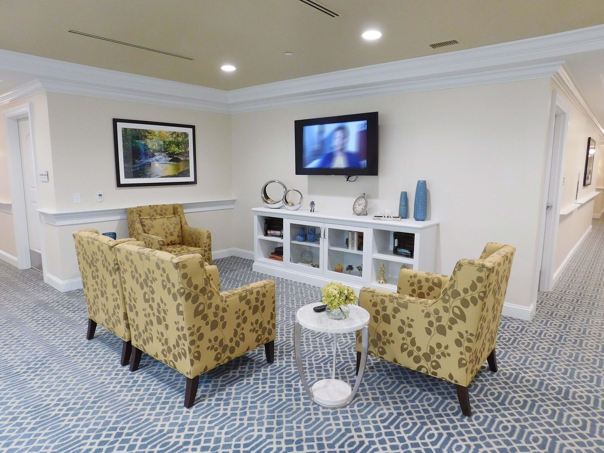 Bright lounge with patterned armchairs, white cabinet, wall-mounted TV, and framed art on beige carpet.