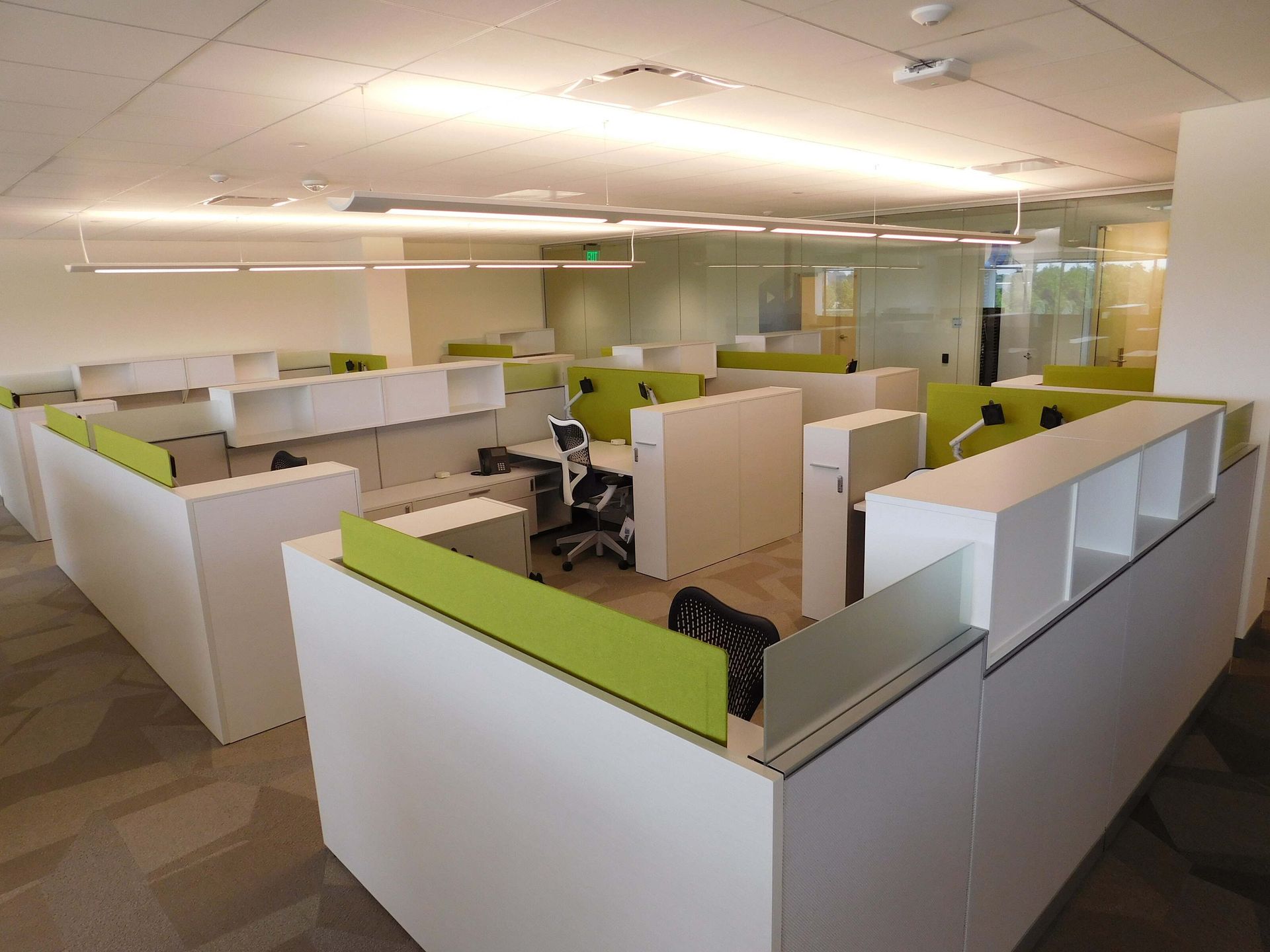 Modern office with white cubicles and green partitions under bright fluorescent lighting