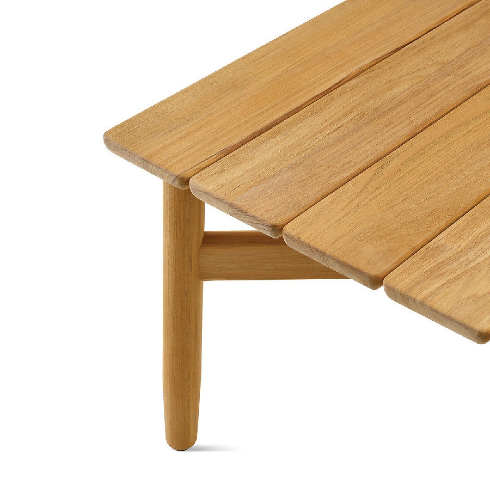 Low wooden woven-top coffee table on a white background