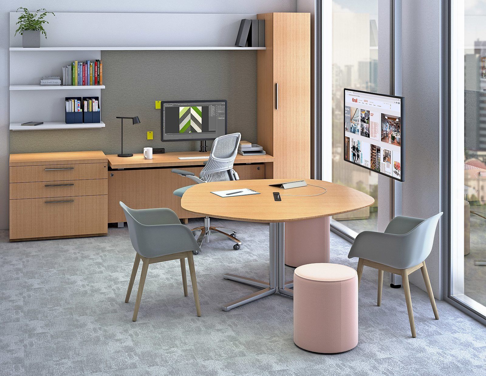 Modern conference room with oval table, office chairs, corkboard, and large windows.