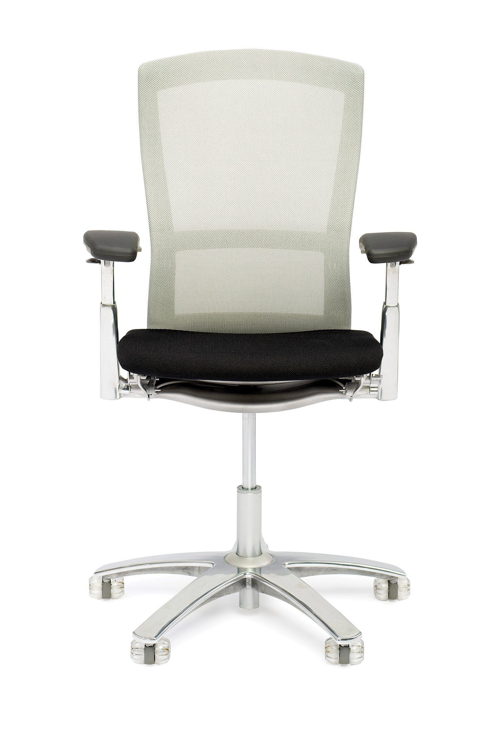 Black mesh office chair with armrests and chrome five-wheel base on a white background