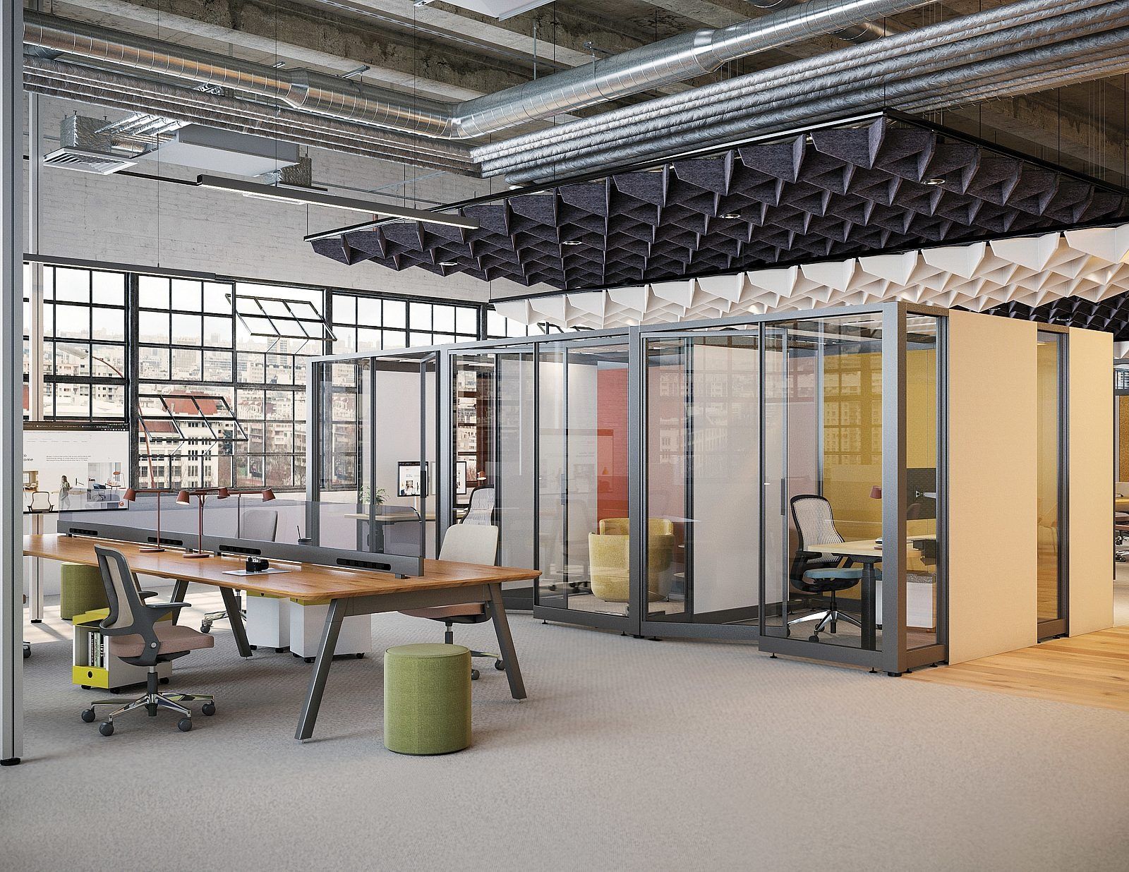 Open-plan office with glass-walled meeting rooms and desks, seen in a cutaway layout.