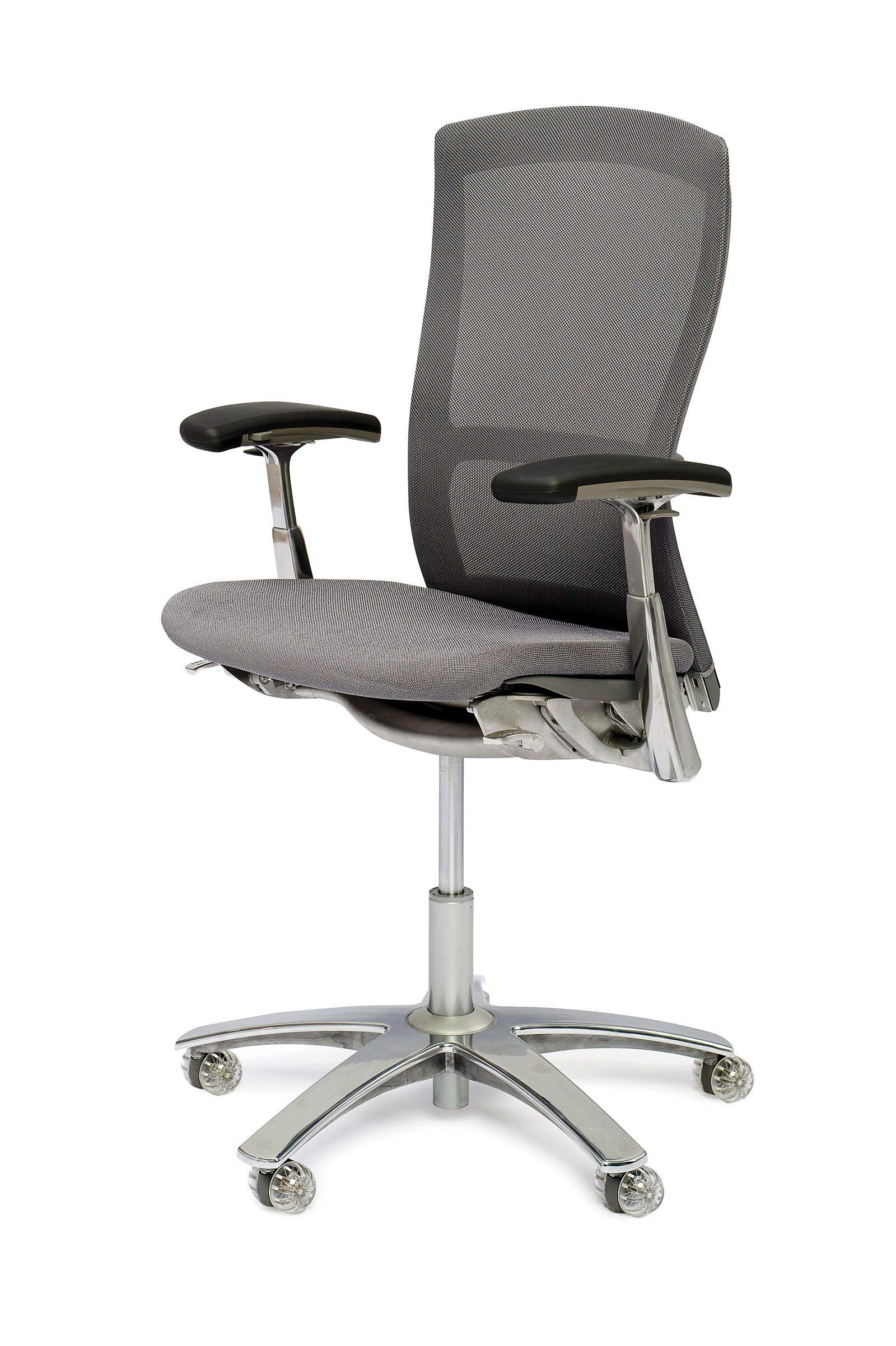 Black mesh office chair with armrests and chrome five-wheel base on a white background