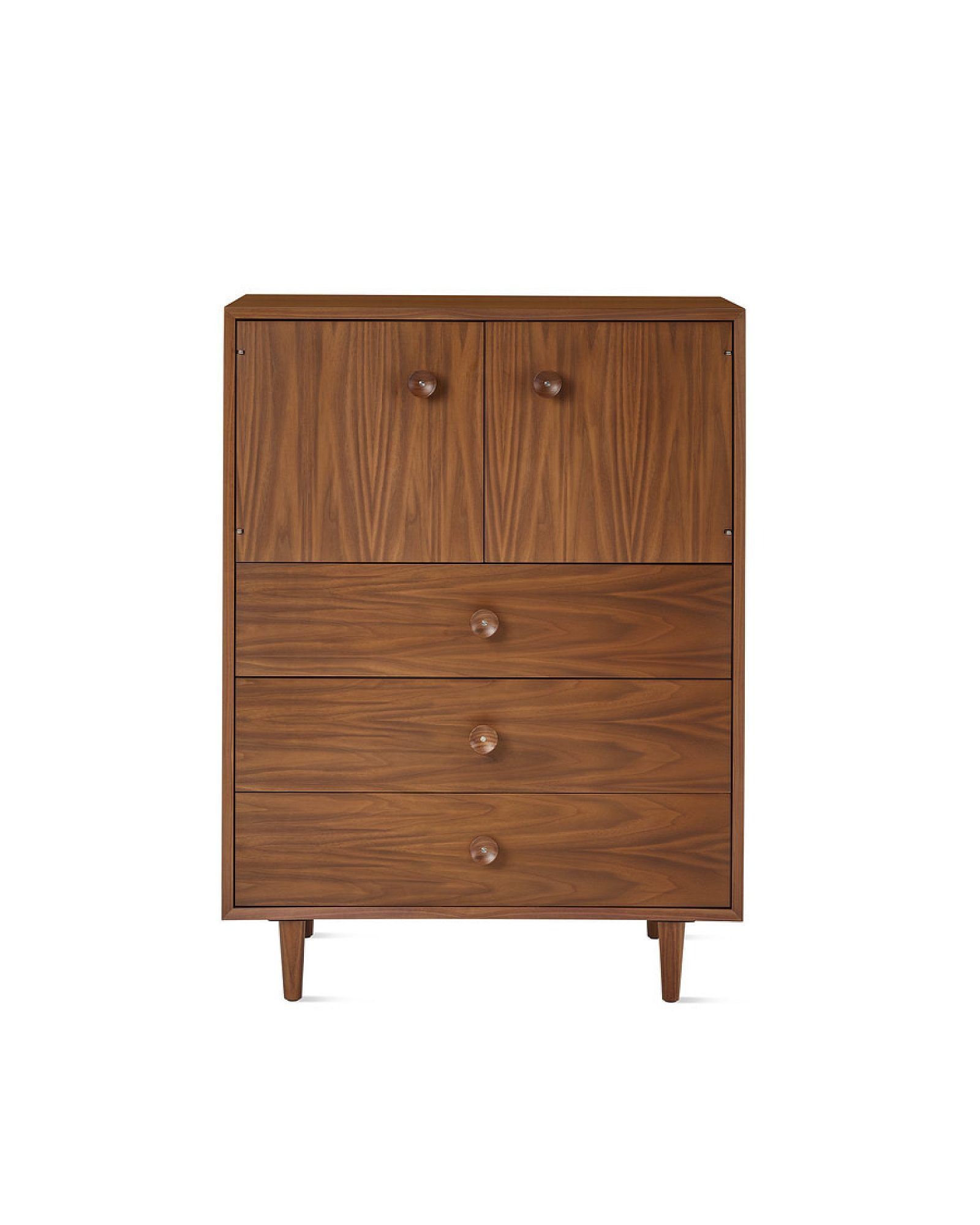 Mid-century wooden cabinet with two upper doors and three drawers on tapered legs