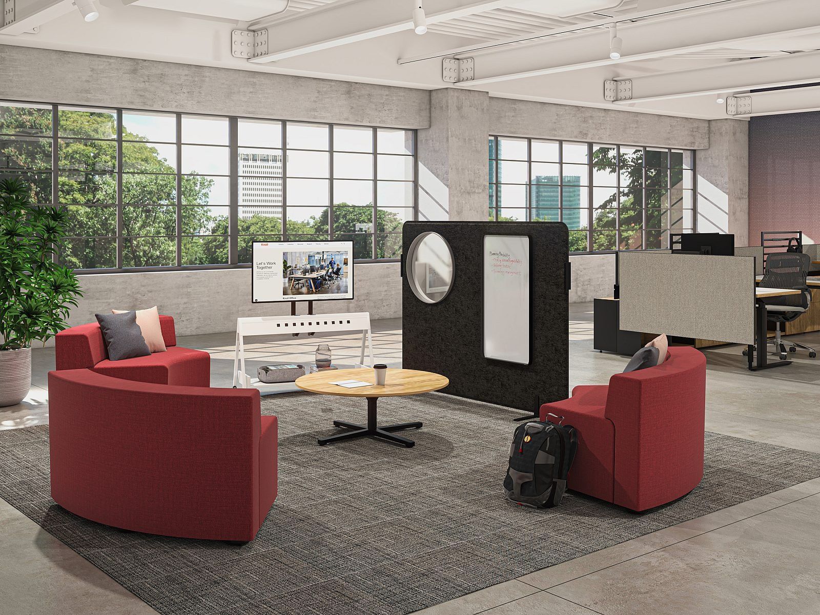 Three gray acoustic privacy panels, one with a round cutout, on stands against white background