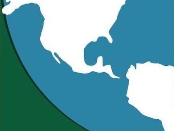 Stylized globe showing North and South America in white on blue and green background