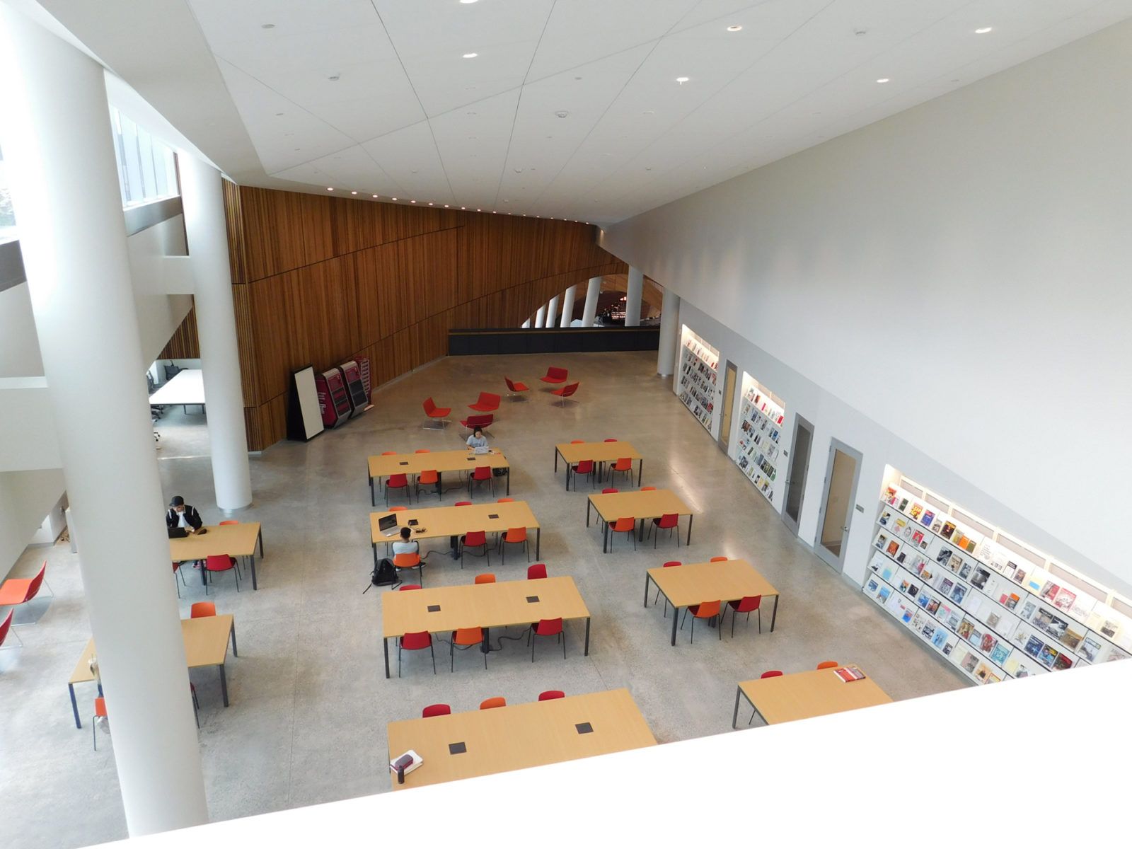 Empty modern cafeteria with rows of wooden tables and red chairs beneath a high white ceiling