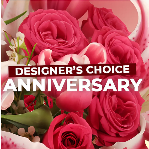 A bouquet of pink roses with the words designer 's choice anniversary