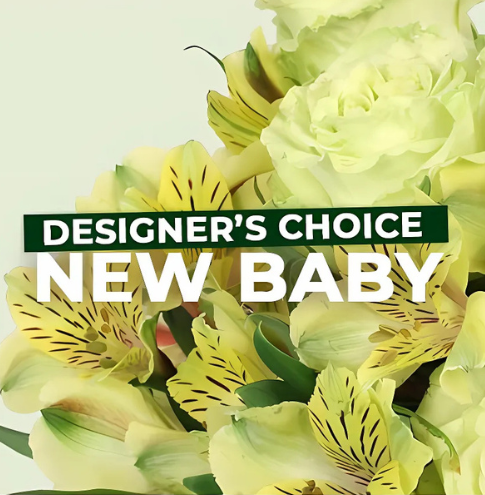 A bunch of yellow flowers with the words designer 's choice new baby