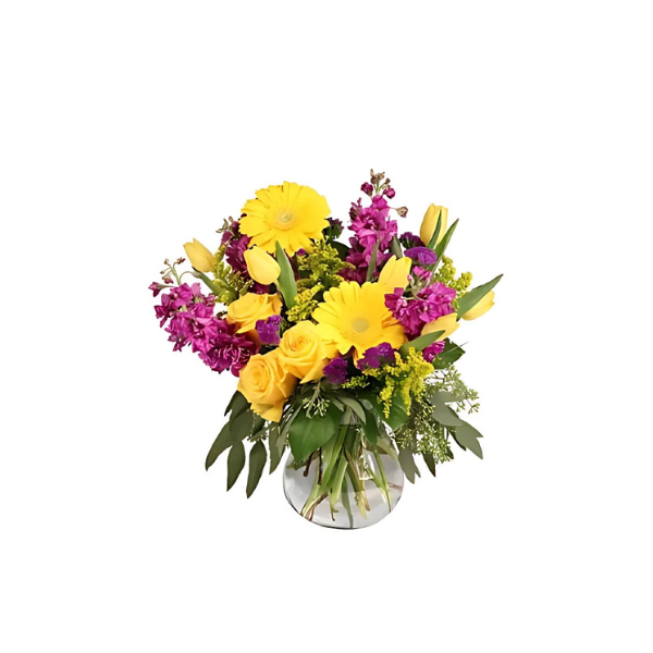 A vase filled with yellow and purple flowers on a white background.