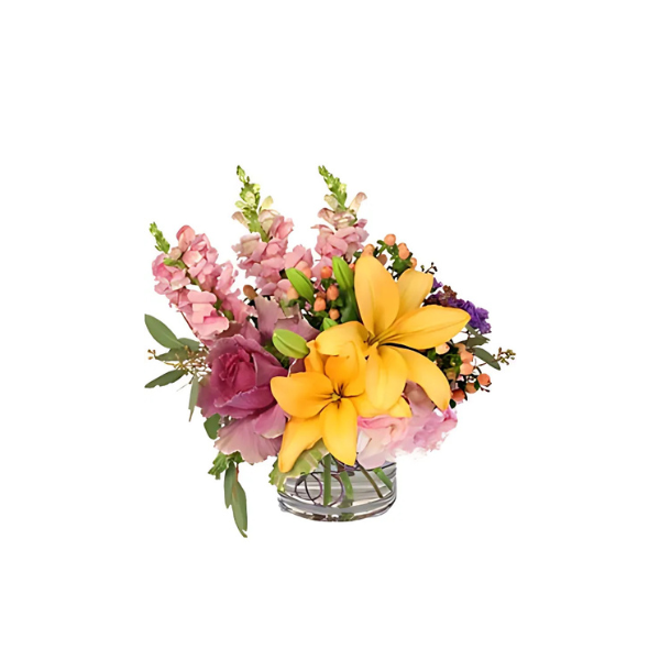 A vase filled with flowers on a white background