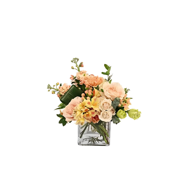 A vase filled with flowers on a white background.