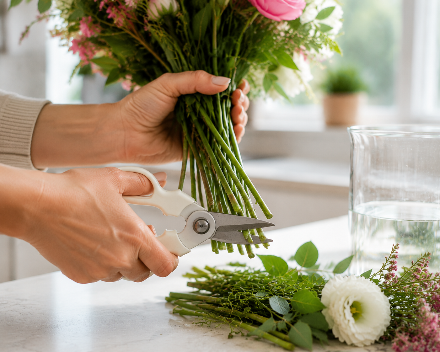 trimming fresh cut flowers to extend floral lifespan