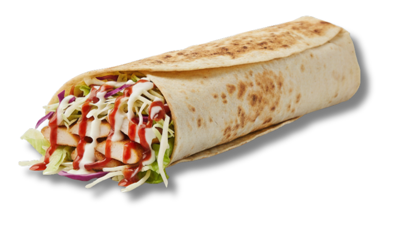 Hähnchen-Wrap mit Salat, Soße und roten Zwiebeln.