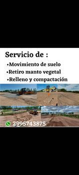 Cartel de servicios de movimiento de suelo, retiro de vegetación, relleno y compactación, con foto de obra