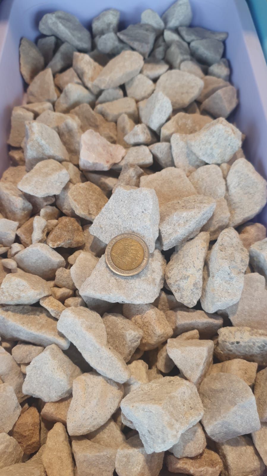 Caja de piedras de color marrón claro con una moneda encima.