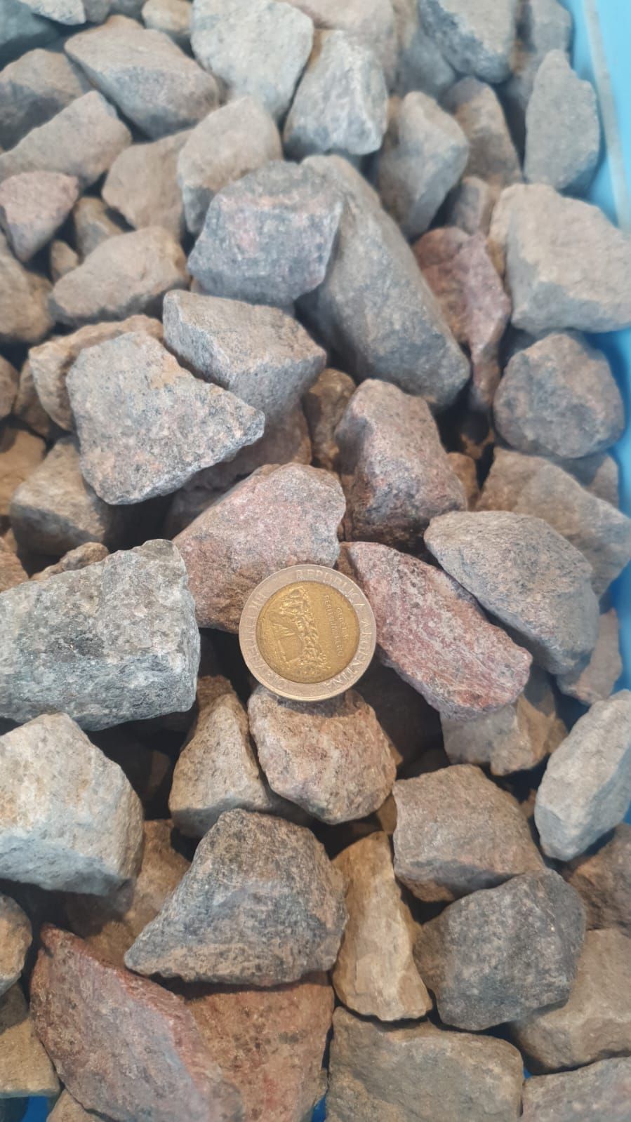 Una moneda que reposa sobre rocas grises y marrones.