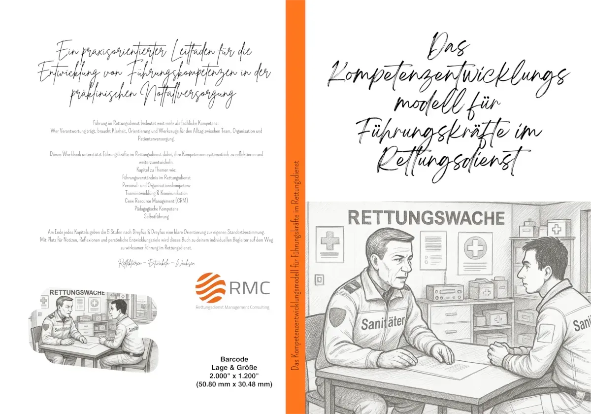 Buchcover mit Bleistiftzeichnungen: Zwei Männer in Rettungsuniformen an einem Tisch, Text in Deutsch. Oranger Hintergrund.