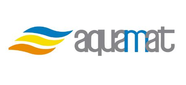 Logo Aquamet con volute blu e gialle accanto alla scritta grigia in minuscolo
